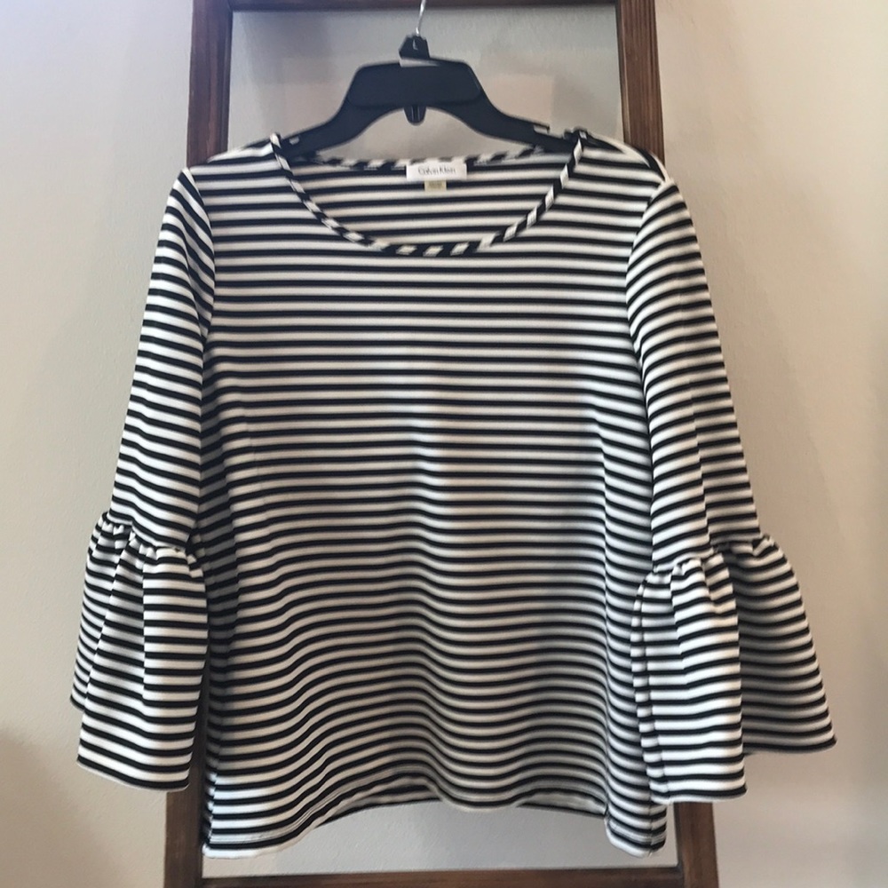 Black and White Striped Blouse with Bell Sleeves